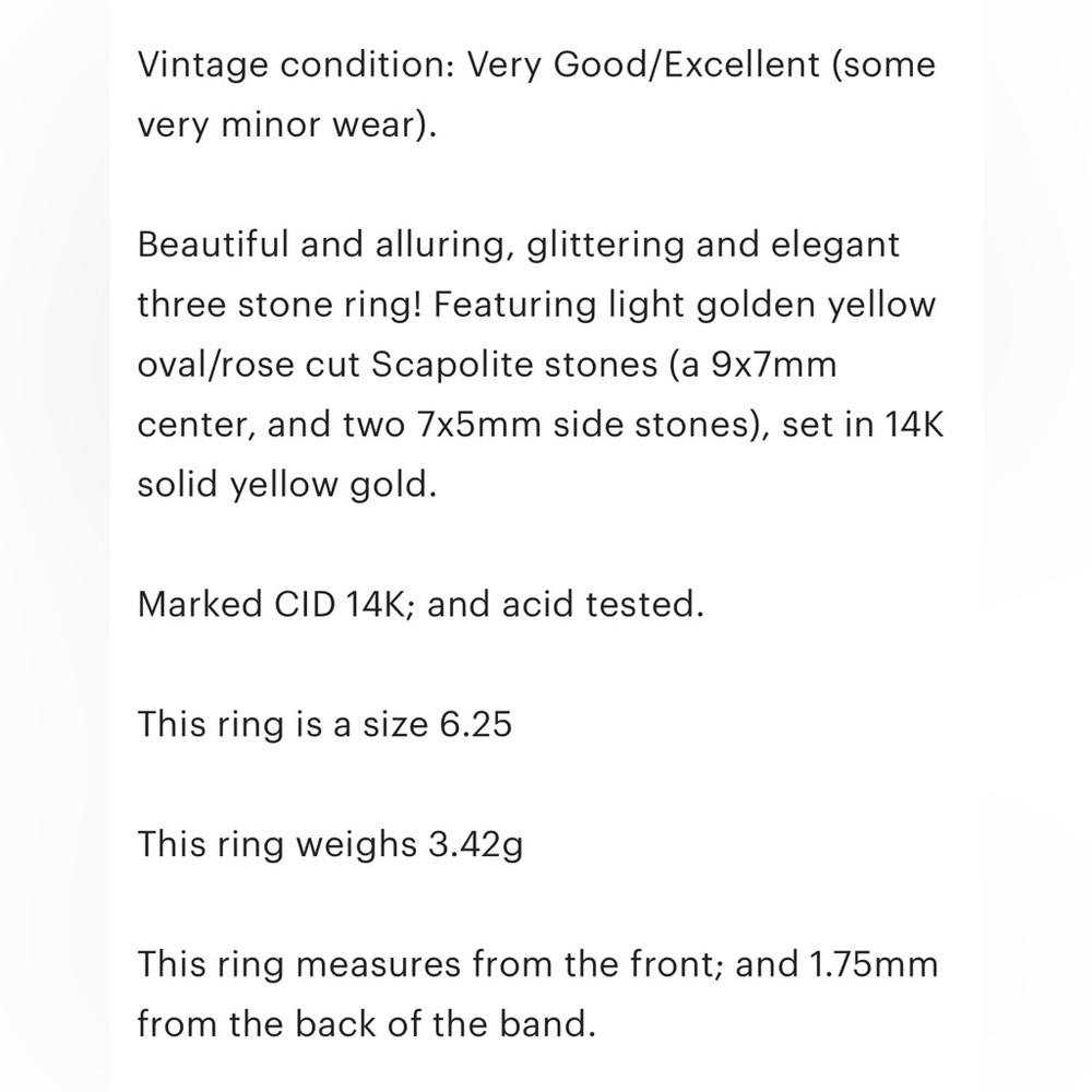 14K Golden Yellow Scapolite Ring Three Stone Oval Rose Cut 6.25 Clyde Duneier - Picture 9 of 16